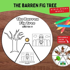 Pode incluir: Um artesanato de papel circular intitulado The Barren Fig Tree Luke 13:6-9 com um desenho de linha em preto e branco de uma árvore e um homem num vinhedo. Uma versão colorida menor é mostrada ao lado de lápis de cor e etiquetas.