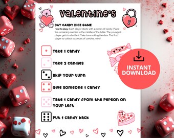 Pode incluir: Um jogo de dados de doces do Dia dos Namorados para imprimir com instruções. O jogo apresenta um urso rosa segurando um coração, um cadeado com um coração e instruções de dados. As palavras "Download instantâneo" estão em um círculo vermelho.
