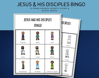 Könnte beinhalten: Eine druckbare Bingokarte mit Illustrationen von Jesus und seinen Jüngern. Die Karte trägt den Titel "Jesus und seine Jünger Bingo".