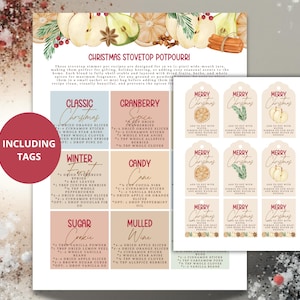 Pode incluir: Uma folha impressa com receitas de potpourri de Natal e etiquetas para presentes. As receitas incluem ingredientes como rodelas de laranja secas, paus de canela e cravinho. As etiquetas para presentes dizem "Feliz Natal".