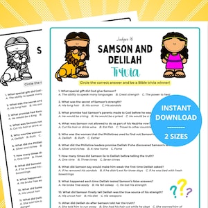 Puede incluir: Dos hojas de juego de trivia imprimibles tituladas "Samson and Delilah Trivia" con ilustraciones de dibujos animados. Las hojas de juego tienen preguntas y respuestas de opción múltiple. También son visibles las palabras "Descarga instantánea" y "2 tamaños".