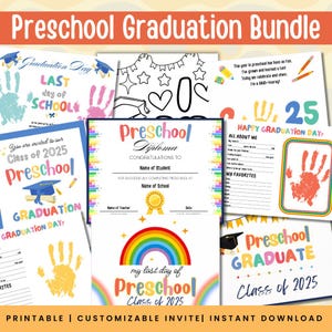 Paquete de graduación para preescolar / Kit de graduación imprimible / Diploma, invitación, páginas para colorear y más / Descarga digital