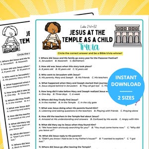 Puede incluir: Dos hojas de trivia imprimibles con el título "JESÚS EN EL TEMPLO DE NIÑO Trivia". Las hojas presentan preguntas sobre la infancia de Jesús, con respuestas de opción múltiple. La imagen incluye ilustraciones y el texto "INSTANT DOWNLOAD 2 SIZES."