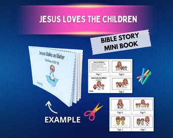 May include: A white mini book with the title "Jesus Walks on Water" and illustrations. The cover says "Jesus Loves the Children." Further pages display illustrations of Jesus with children. Scissors and coloured pencils are also present.