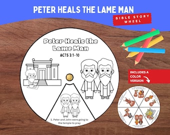 May include: A circular paper craft titled Peter Heals the Lame Man Acts 3:1-10 featuring black and white line art illustrations of figures and a temple. The craft includes a central fastener and a smaller colored version of the wheel.