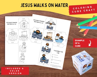 May include: A craft project featuring the text "JESUS WALKS ON WATER" and illustrations from Matthew 14:22-33. Includes a color version and instructions to assemble a cube. Colored pencils are visible.