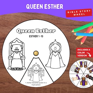 Queen Esther Coloring Wheel Printable, Esther 1–10 Bible Story Craft for Kids, Sunday School Activity, Christian Homeschool Resource