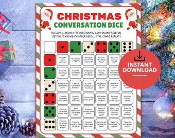May include: A Christmas conversation dice game sheet with a red and green striped border, featuring Santa Claus illustrations at the top corners. The grid contains dice icons and text prompts for holiday-themed questions and activities.