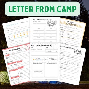 Carta de campamento imprimible para niños – Set de papelería de campamento de verano para escribir en casa – Páginas para completar en el diario de campamento – 6 hojas PDF