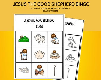 May include: Jesus the Good Shepherd Bingo game set featuring 15 bingo boards in both colour and black and white. The boards contain grid squares with illustrations of sheep, a shepherd, and a staff, with the text Jesus the Good Shepherd Bingo.