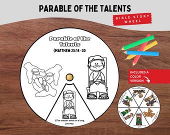 May include: A circular paper craft titled Parable of the Talents featuring black and white line art of hands holding coins and a figure sitting on a chair. Includes a smaller colored version of the wheel and four colored pencils.