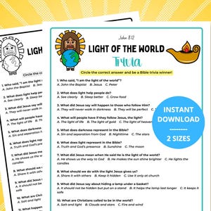 May include: A printable trivia worksheet titled Light of the World featuring John 8:12, with ten multiple-choice questions about biblical themes. The page includes a cartoon illustration of a figure holding a globe and an oil lamp icon.