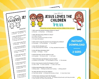 May include: A printable trivia game titled "Jesus Loves the Children" with questions about the Bible. The design features cartoon illustrations of Jesus and children, with a blue circle that says "Instant Download" and "2 Sizes".