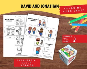 May include: A printable paper craft set titled David and Jonathan 1 Samuel 20 featuring black and white coloring pages and a pre-colored version. The set includes instructions to cut, glue, and fold the paper into a cube, with a finished cube example.