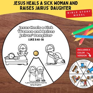 Op de afbeelding: Een cirkelvormig bijbelverhaalwiel met zwart-witte lijntekeningen van Jezus die een zieke vrouw geneest en de dochter van Jaïrus opwekt, met de tekst Jesus Heals a Sick Woman and Raises Jairus' Daughter Luke 8:40-56.