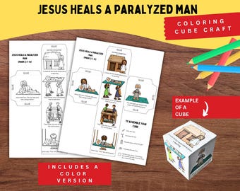 May include: A printable coloring cube craft titled Jesus Heals a Paralyzed Man, featuring black and white templates with illustrations and text, a finished color cube example, and colored pencils on a wooden surface.