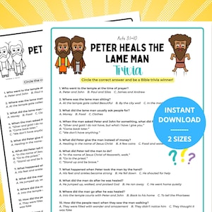May include: Two printable Bible trivia sheets with the title "Peter Heals the Lame Man." The trivia sheets have questions and answer choices. The sheets are white with a blue border and feature cartoon illustrations.