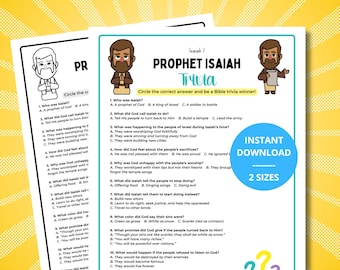 May include: A Prophet Isaiah trivia worksheet featuring ten multiple-choice questions, cartoon illustrations of a man, and a blue circular badge that reads INSTANT DOWNLOAD 2 SIZES. The text includes questions about Isaiah, God, and Israel.