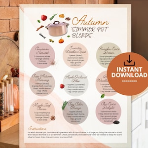 Può includere: Una scheda ricetta stampata intitolata Autumn Simmer Pot Blends con un'illustrazione di una pentola in rame e nove sezioni circolari che elencano gli ingredienti per vari profumi come Cinnamon Harvest e Pumpkin Spice Dream.