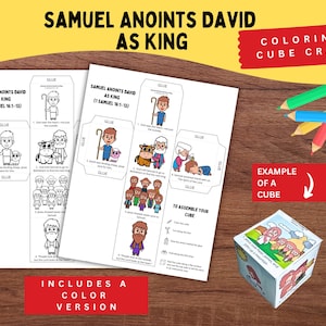 May include: A craft kit featuring the text "SAMUEL ANOINTS DAVID AS KING" and "COLORING CUBE CRAFT". The kit contains black and white illustrations and instructions for assembling a cube. Colouring pencils and a finished cube are also displayed.