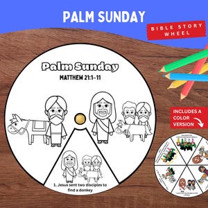 Może przedstawiać: Koło historii biblijnej Niedzieli Palmowej z ilustracjami Jezusa i uczniów. Koło zawiera tekst "Palm Sunday" i "Mateusz 21:1-11". Dołączone są również kredki i wersja kolorowa.