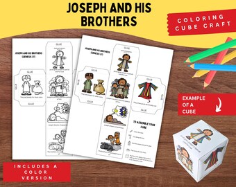 May include: A printable paper craft set titled Joseph and His Brothers featuring black and white colouring pages and a full-colour version. The sheets include illustrations of biblical scenes with glue tabs for assembly into a cube, accompanied by coloured pencils.
