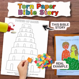 Pode incluir: Um kit de artesanato intitulado Torn Paper Bible Story com uma página para colorir da Torre de Babel, uma garrafa de cola amarela, uma pilha de pequenos pedaços de papel coloridos e um exemplo finalizado do Jardim do Éden com uma mão.