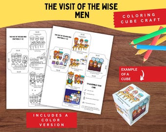 May include: A printable paper craft set titled The Visit of the Wise Men featuring black and white coloring pages and a full-color version. The set includes instructions to cut, fold, and glue the paper into a cube, with a finished cube example.