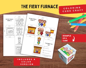 Puede incluir: Un set de manualidades en papel titulado The Fiery Furnace que incluye plantillas en blanco y negro y una versión a todo color para ensamblar. Las hojas contienen ilustraciones de figuras bíblicas, un horno e instrucciones para un cubo.