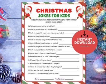 May include: A printable Christmas jokes for kids game sheet featuring a red and green striped border, two Santa Claus illustrations, and fifteen numbered questions with blank lines for answers, plus a red instant download circle.