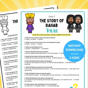 May include: A printable Bible trivia worksheet titled The Story of Rahab, featuring cartoon illustrations of a king and two spies. The document includes ten multiple-choice questions about Joshua 2, a blue circular instant download badge, and a black and white version.