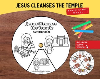 May include: A circular paper craft titled Jesus Cleanses the Temple Matthew 21:12-13 featuring black and white line art illustrations of Jesus and a temple. A small gold brad sits in the center. A smaller colored version is shown nearby.