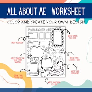 K&ouml;nnte beinhalten: Ein schwarz-wei&szlig;es Arbeitsblatt mit dem Titel "ALL ABOUT ME WORKSHEET" mit Aufforderungen zum Zeichnen, Schreiben und Ausmalen. Das Arbeitsblatt enth&auml;lt Abschnitte f&uuml;r Namen, Favoriten und zuk&uuml;nftige Bestrebungen. Der Text "COLOR AND CREATE YOUR OWN DESIGN" ist ebenfalls vorhanden.
