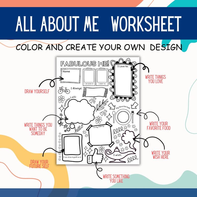 K&ouml;nnte beinhalten: Ein schwarz-wei&szlig;es Arbeitsblatt mit dem Titel "ALL ABOUT ME WORKSHEET" mit Aufforderungen zum Zeichnen, Schreiben und Ausmalen. Das Arbeitsblatt enth&auml;lt Abschnitte f&uuml;r Namen, Favoriten und zuk&uuml;nftige Bestrebungen. Der Text "COLOR AND CREATE YOUR OWN DESIGN" ist ebenfalls vorhanden.