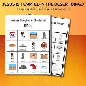Jesus wird in der Wüste versucht Bingo-Set für Kinder, Versuchung Jesu, neutestamentliche Bibelgeschichte, Matthäus 4: 1–11, Sonntagsschulspiel