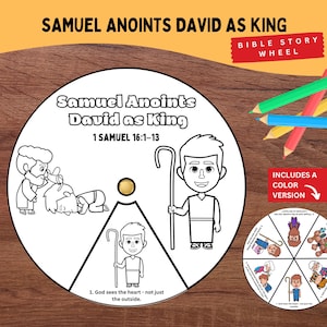 Puede incluir: Una rueda de historias bíblicas en blanco y negro con el texto "Samuel unge a David como rey". La rueda incluye ilustraciones y el texto "1 Samuel 16:1-13". Lápices de colores están esparcidos alrededor de la rueda. La rueda incluye una versión en color.