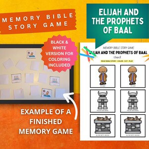 May include: A memory game titled "Elijah and the Prophets of Baal" with illustrations of Bible story characters and objects. The game includes a black and white version for coloring. The image shows an example of a finished memory game.