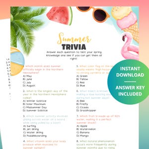 Summer Trivia Game for Kids and Adults, Fun Printable Party Game, Beach BBQ Pool Party Activity Idea, Office Party, bbqs, Baby shower game