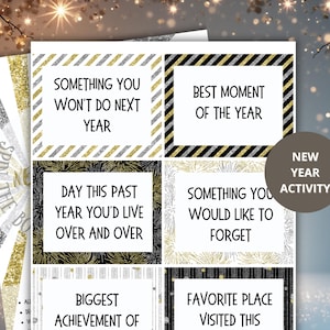 May include: A New Year's activity set with cards featuring prompts like "Best Moment of the Year" and "Something You Would Like to Forget." The cards have gold, silver, and black accents, with the words in a bold, readable font.