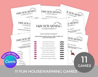 Canvaで編集可能な新築祝いパーティーゲームセット｜答え付きの印刷可能な11種類の新しい家庭用ゲーム｜楽しいアイスブレーカーとアクティビティ
