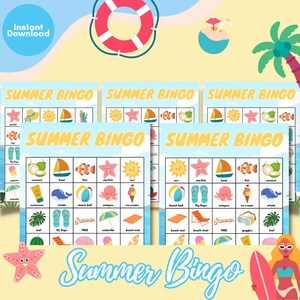 Jogo de Bingo de Verão para Imprimir | Download Instantâneo | Atividade Divertida de Verão com Cartões de Visita e Marcadores