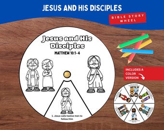 Jesus and His 12 Disciples Coloring Wheel Printable for Kids | Bible Story Craft for Sunday School and Homeschool | Matthew 10 Activity