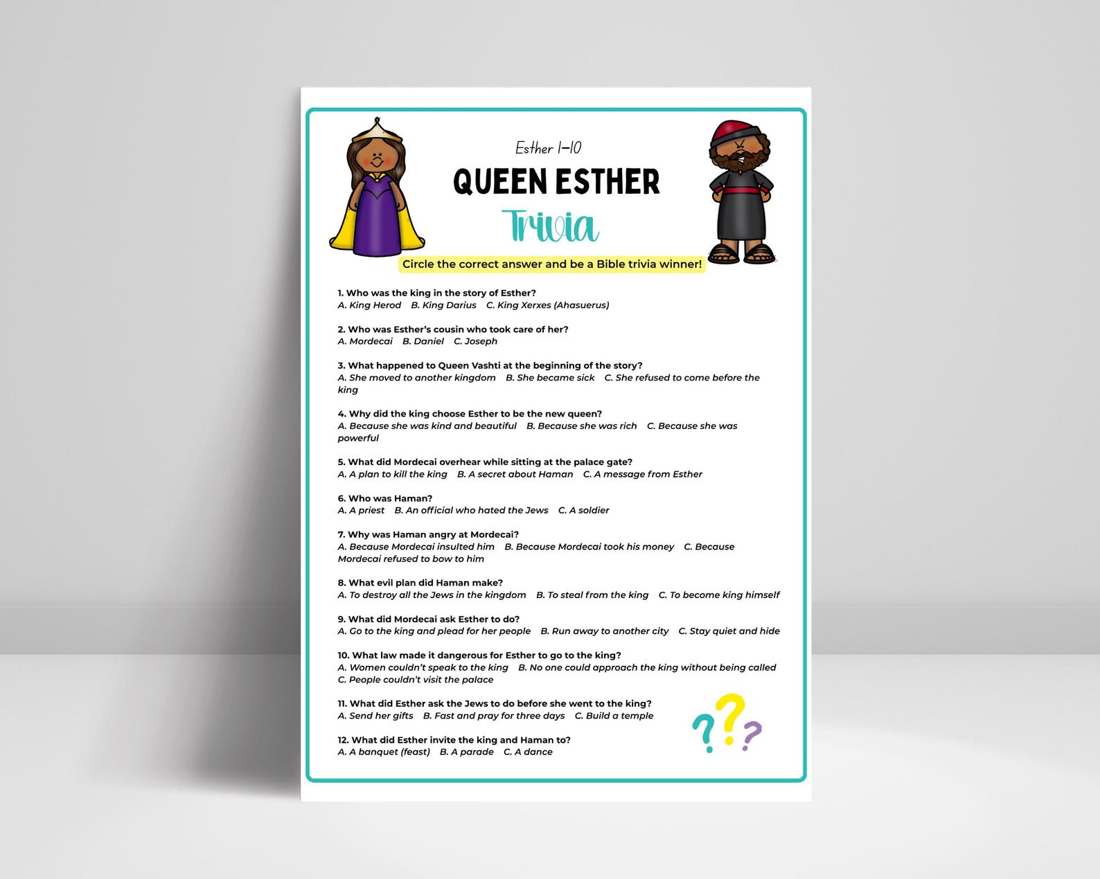 Queen Esther Trivia Game for Kids • Esther Bible Story Activity • Book ...