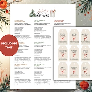 Pode incluir: Uma impressão festiva com receitas de infusão de cocktails e etiquetas para a época festiva. As receitas incluem ingredientes como citrinos, maçãs e especiarias. As etiquetas têm laços vermelhos e nomes como "Winter Citrus" e "Cranberry Spice".