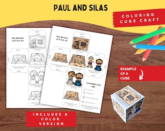 May include: A printable paper craft set titled Paul and Silas Acts 16:16-40 featuring black and white line art and full-color versions of a cube template. The sheets include illustrations of prison scenes, figures, and assembly instructions.
