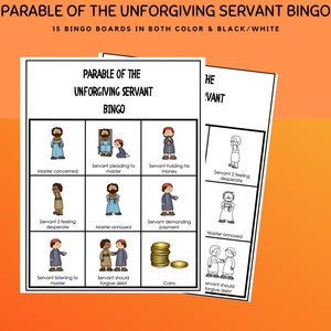 Parabole du serviteur impitoyable bingo pour enfants, Bingo biblique Le serviteur impitoyable l Histoire biblique du Nouveau Testament l Jeu d'école du dimanche