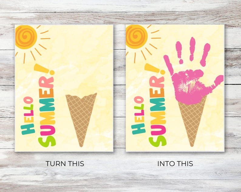 May include: Two images showing a craft idea for kids. The first image shows a plain ice cream cone. The second image shows a pink handprint on top of an ice cream cone. The text on both images says "Hello Summer!"