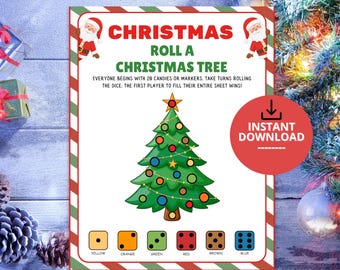 May include: A Christmas game sheet titled ROLL A CHRISTMAS TREE with Santa illustrations, a central green tree graphic, and a dice key at the bottom. The text reads: EVERYONE BEGINS WITH 20 CANDIES OR MARKERS. TAKE TURNS ROLLING THE DICE. THE FIRST PLAYER TO FILL THEIR ENTIRE SHEET WINS!