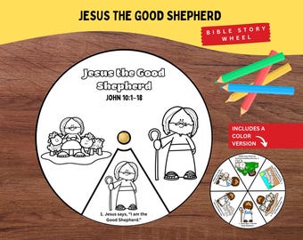 May include: A circular paper craft titled Jesus the Good Shepherd John 10:1-18 featuring black and white line art of a shepherd and sheep. A central gold fastener connects the wheel. A smaller colored version and four colored pencils are included.