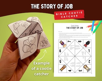 May include: A white paper cootie catcher with black line drawings of Bible scenes and the text "The Story of Job." A printed sheet with instructions and a numbered diagram is next to it. Colored pencils are in the background.